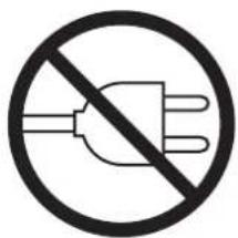 Prohibition sign for an electrical plug with three terminals and a diagonal line indicating no protection