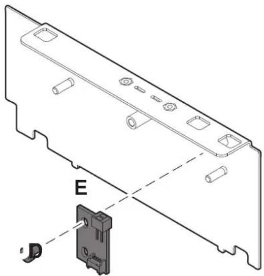 Technical diagram of a device rear panel with labeled components E and D, showing internal structure and alignment lines.