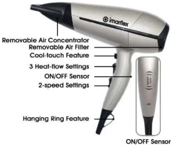 imarflex Removable Air Concentrator Removable Air Filter Cool-touch Feature 3 Heat-flow Settings ON/OFF Sensor 2-speed Settings Hanging Ring Feature ON/OFF Sensor