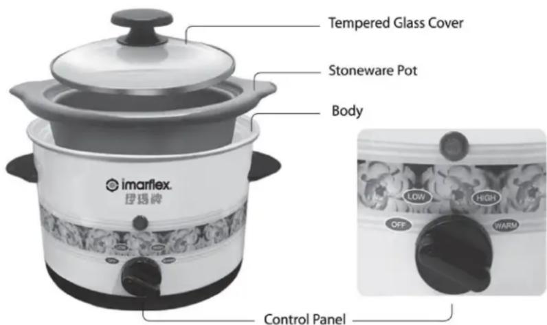 Tempered Glass Cover Stoneware Pot Body imarflex. 星玛牌 Control Panel LOW HIGH OFF WARM