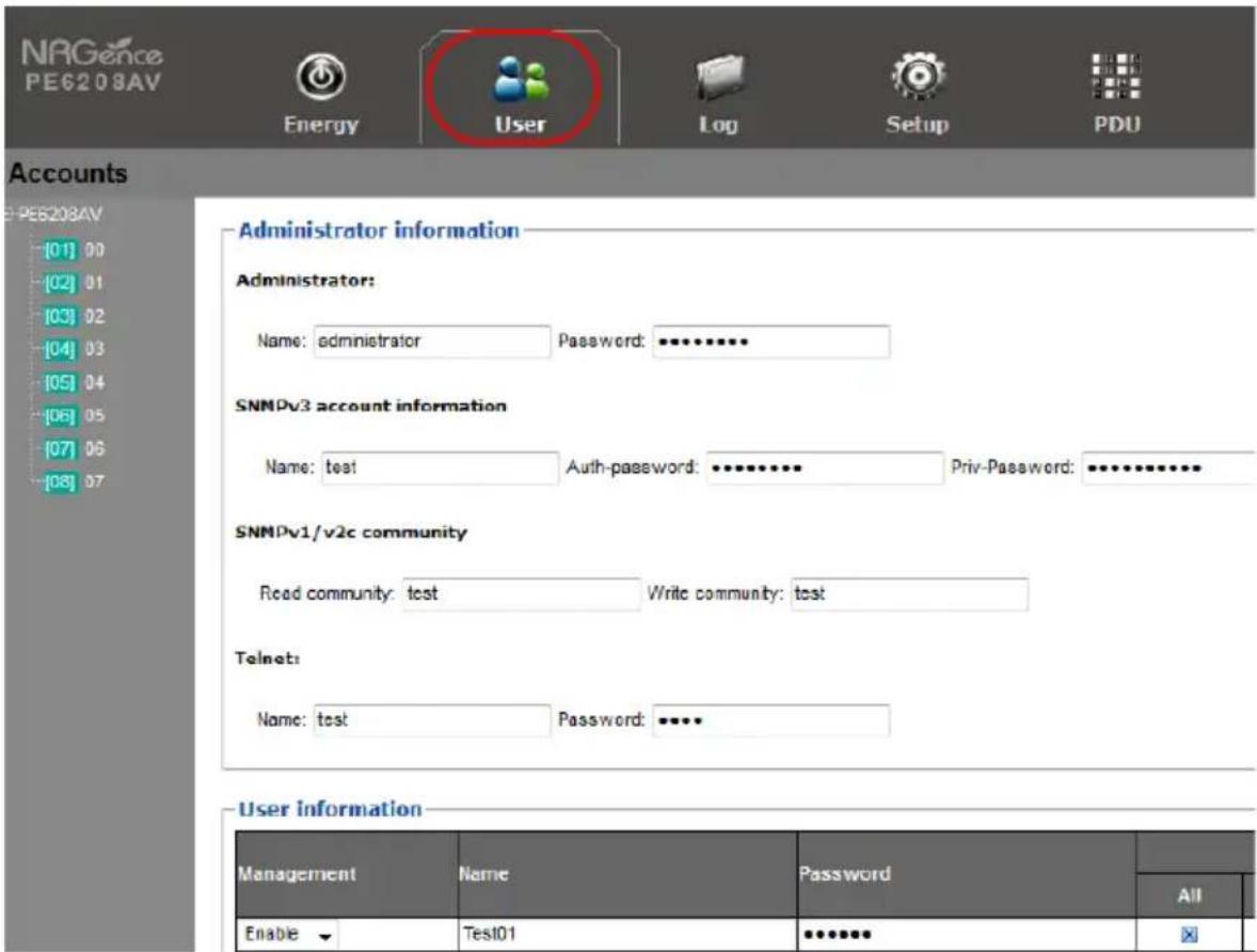 NRGence PE6208AV Energy User Log Setup PDU Accounts Administrator information Administrator: Name: administrator Password: ******** SNMPv3 account information Name: test Auth-password: ******** Priv-Password: ******** SNMPv1/v2c community Read community: test Write community: test Telnet: Name: test Password: **** User Information Management Name Password All Enable Test01 ******** X