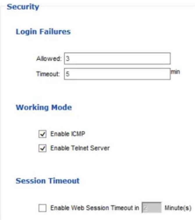 Security Login Failures Allowed: 3 Timeout: 5 min Working Mode ✓ Enable ICMP ✓ Enable Telnet Server Session Timeout □ Enable Web Session Timeout in 2 Minute(s)