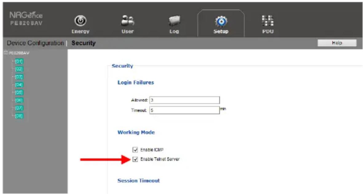 NRGence PE8208AV Device Configuration | Security Help PE8208AV [01] [02] [03] [04] [05] [06] [07] [08] Security Login Failures Allowed: 3 Timeout: 5 min Working Mode Enable ICMP Enable Telnet Server Session Timeout