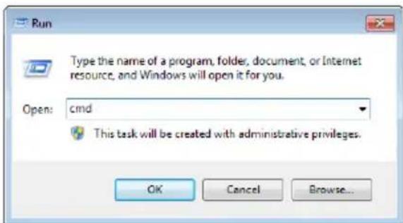 Run Type the name of a program, folder, document, or Internet resource, and Windows will open it for you. Open: cmd This task will be created with administrative privileges. OK Cancel Browse...