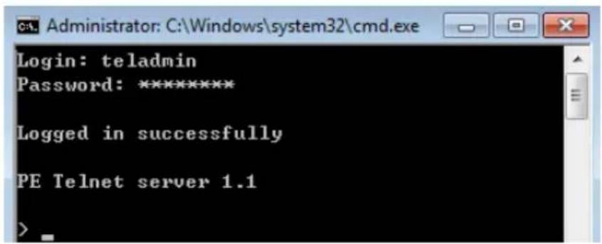 Login: teladmin Password: ****** Logged in successfully PE Telnet server 1.1 >