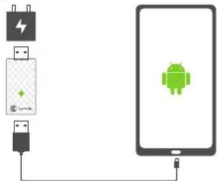 Diagram showing battery connection to Android phone with icons for battery, charging, and connection point
