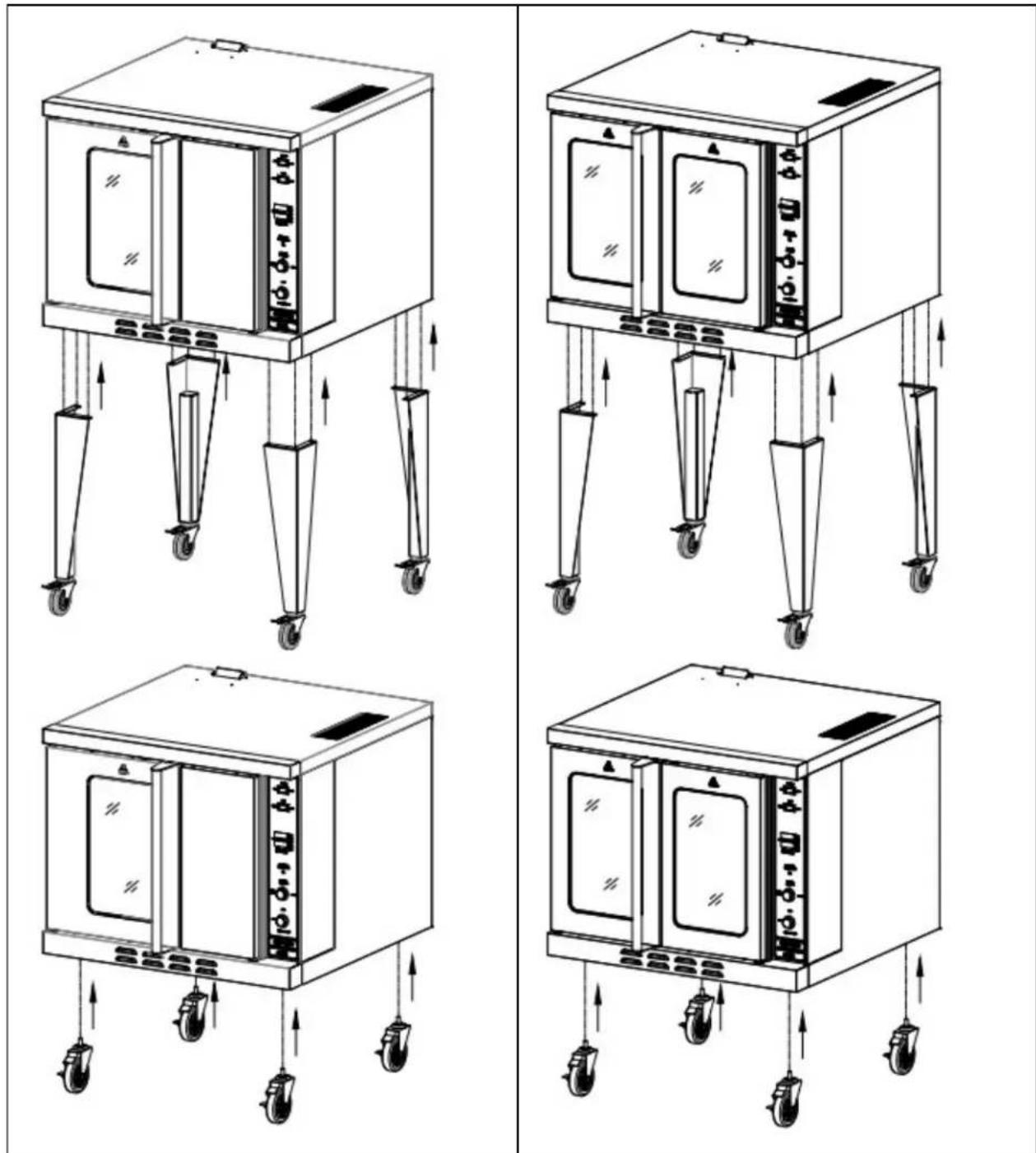Four technical line drawings of a laboratory oven with wheels and control panels, showing mechanical assembly (no text or symbols)