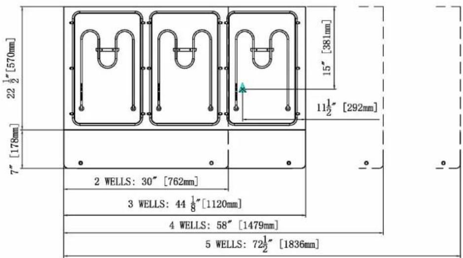 22 1/2" [570mm] 7" [178mm] 2 WELLS: 30" [762mm] 3 WELLS: 44 1/8" [1120mm] 4 WELLS: 58" [1479mm] 5 WELLS: 72 1/2" [1836mm] 15" [381mm] 11 1/2" [292mm]
