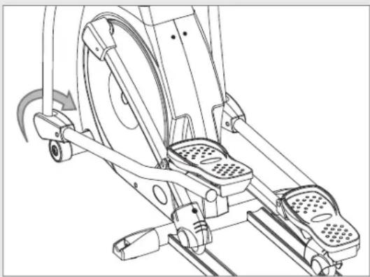 Line drawing of an exercise machine with rotating legs and foot resterings (no text or symbols)