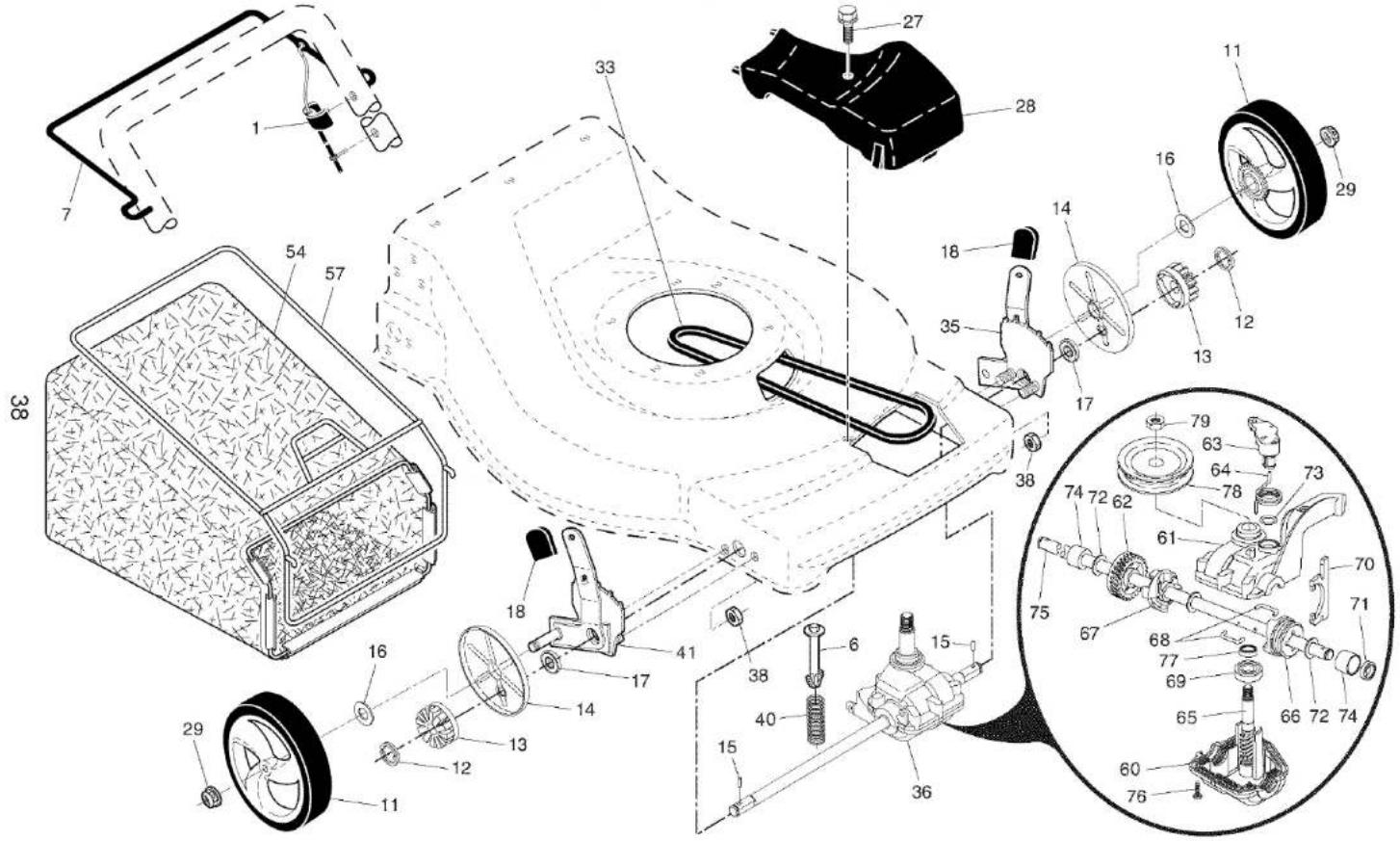 Exploded view diagram of a washing machine with numbered parts and exploded view
