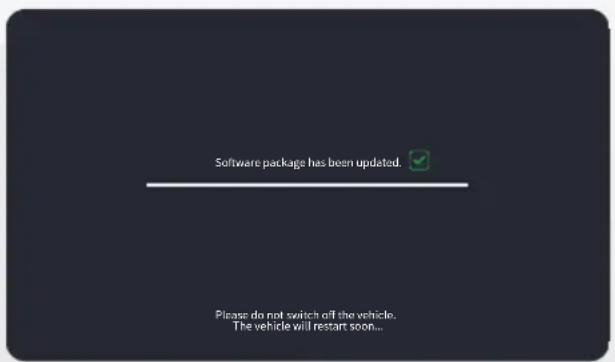 Software package has been updated. Please do not switch off the vehicle. The vehicle will restart soon...