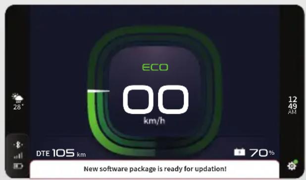 ECO 00 km/h 12 49 AM DTE 105 km 70% New software package is ready for updation!