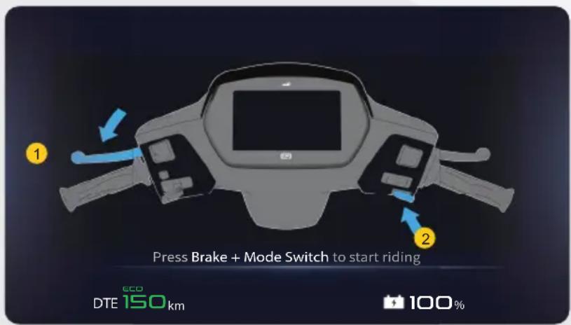 Press Brake + Mode Switch to start riding ECO DTE 150 km 100%