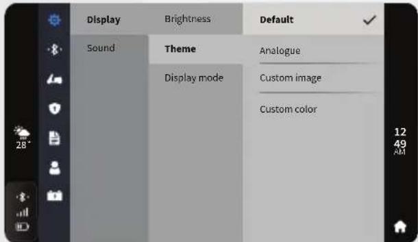 Display Sound Brightness Theme Display mode Default Analogue Custom image Custom color 12 49 AM