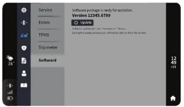 Service Errors TPMS Trip meter Software Software package is ready for updation. Version 12345.6789 Update Software update will take "minutes" or "hours." During the update process you will not be able to drive the vehicle. 12 49 AM