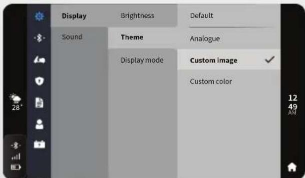 Display Sound Brightness Theme Display mode Default Analogue Custom image Custom color 12 49 AM