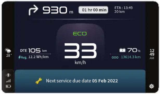 930 m 01 hr 00 min ETA: 13:49 20 km ECO DTE 105 km Avg. 12.2 Wh/km 33 km/h 70% odo 13614.3 km 12 49 AM Next service due date 05 Feb 2022