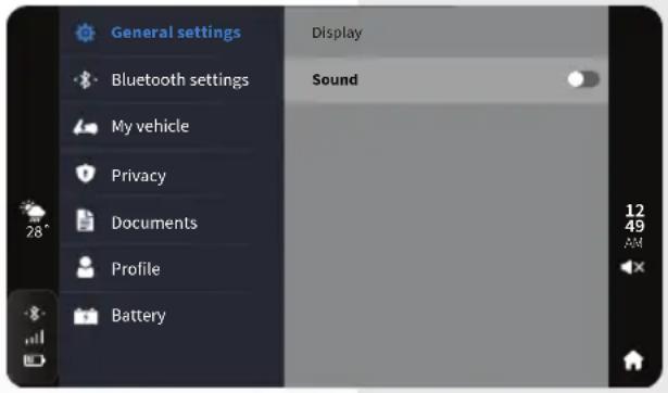 General settings Bluetooth settings My vehicle Privacy Documents Profile Battery Display Sound 12 49 AM