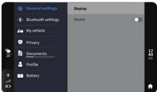 General settings Bluetooth settings My vehicle Privacy Documents Profile Battery Display Sound 12 49 AM