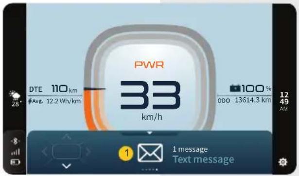 PWR 33 km/h DTE 110 km Avg. 12.2 Wh/km 100 % 000 13614.3 km 12 49 AM 1 message Text message