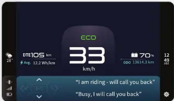 ECO DTE105 km Avg. 12.2 Wh/km 33 km/h 70% 000 13614.3 km 12 49 AM "I am riding - will call you back" "Busy, I will call you back"