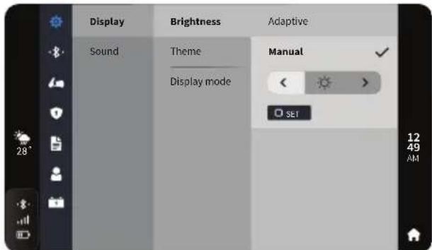 Display Sound Brightness Theme Display mode Adaptive Manual < > SET 12 49 AM