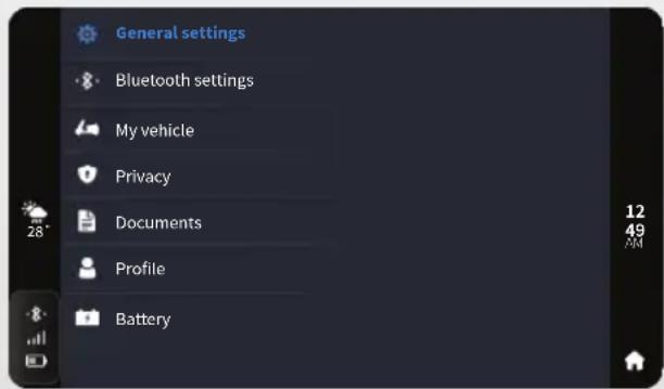General settings Bluetooth settings My vehicle Privacy Documents Profile Battery