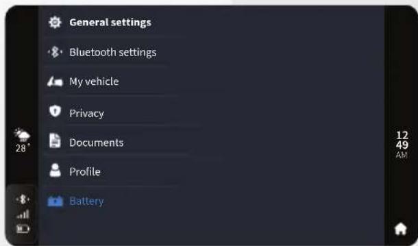 General settings Bluetooth settings My vehicle Privacy Documents Profile Battery