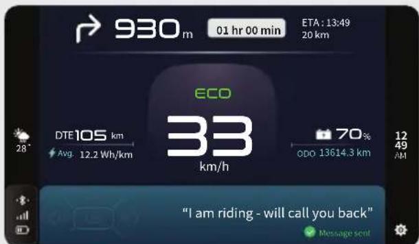 930m 01 hr 00 min ETA: 13:49 20 km ECO 33 km/h DTE 105 km Avg. 12.2 Wh/km 70% ODO 13614.3 km 12 49 AM "I am riding - will call you back" Message sent