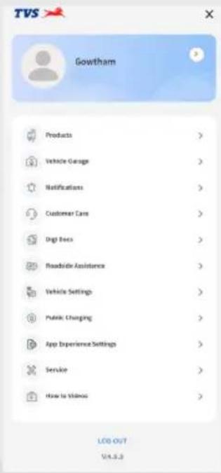 TVS Gowtham Products > Vehicle Garage > Notifications > Customer Care > Digital Back > Readside Assistance > Vehicle Settings > Public Changing > App Experience Settings > Service > How to Video > LOB OUT Vol.5.3