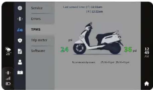 Service Errors TPMS Trip meter Software Last sensed time (F) 12:22am (R) 12:22am psi 24 36 psi Recommended pressure (F) 30-30 psi - (By 30-40 psi) 12 49 AM