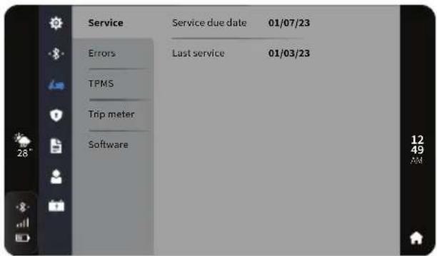 Service Service due date 01/07/23 Errors Last service 01/03/23 TPMS Trip meter Software 12 49 AM
