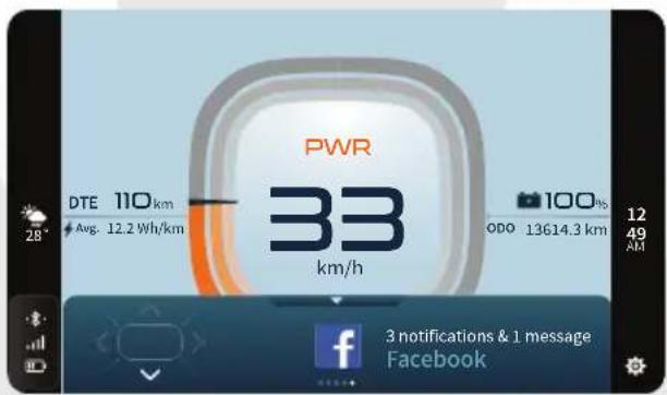 PWR 33 km/h DTE 110 km Avg. 12.2 Wh/km 100% ODO 13614.3 km 12 49 AM 3 notifications & 1 message Facebook