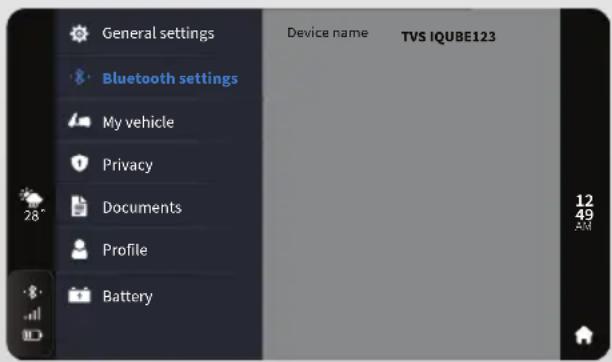 General settings Bluetooth settings My vehicle Privacy Documents Profile Battery Device name TVS IQUBE123 12 49 AM