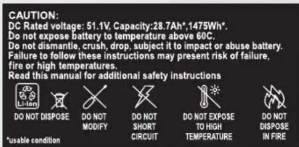 CAUTION: DC Rated voltage: 51.1V, Capacity:28.7Ah*,1475Wh*. Do not expose battery to temperature above 60C. Do not dismantle, crush, drop, subject it to impact or abuse battery. Failure to follow these instructions may present risk of failure, fire or high temperatures. Read this manual for additional safety instructions *usable condition