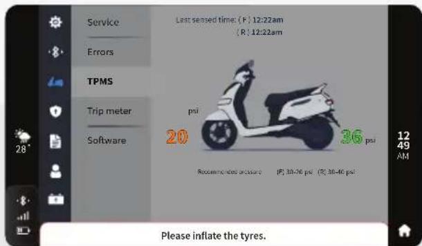 Service Errors TPMS Trip meter Software Last sensed time: (F): 12:22am (R): 12:22am psi 20 36 psi Recommendation enclosure (F): 30-36 psi (R): 30-40 psi Please inflate the tyres.