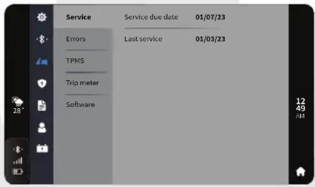 Service Errors TPMS Trip meter Software Service due date 01/07/23 Last service 01/03/23 12 49 AM