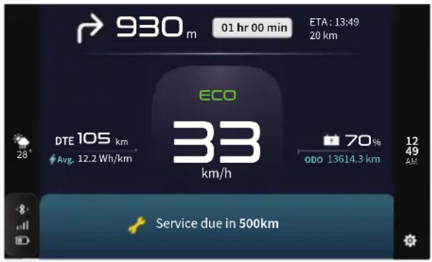 930 m 01 hr 00 min ETA: 13:49 20 km ECO DTE 105 km Avg. 12.2 Wh/km 33 km/h 70% ODO 13614.3 km 12 49 AM Service due in 500km