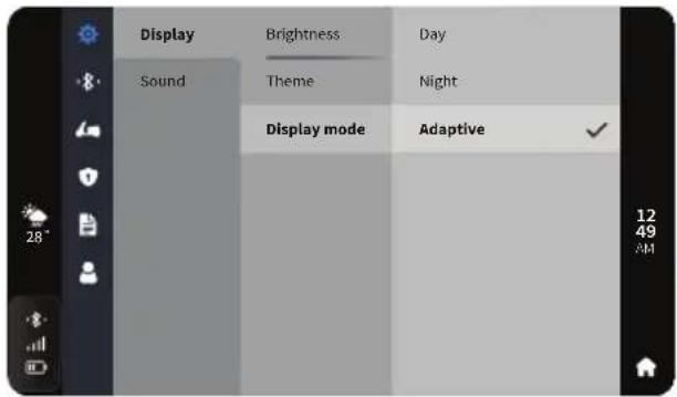 Display Sound Brightness Theme Display mode Day Night Adaptive 12 49 AM