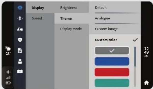 Display Sound Brightness Theme Display mode Default Analogue Custom image Custom color 12 49 AM