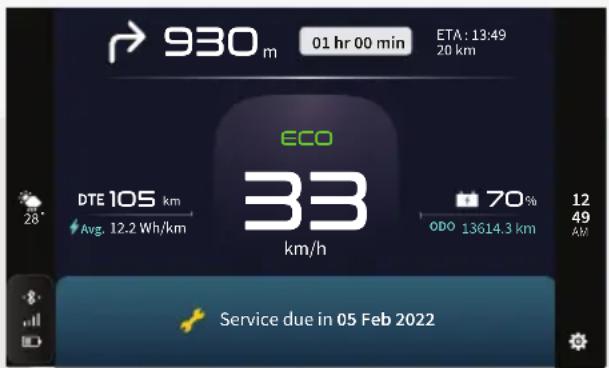930 m 01 hr 00 min ETA: 13:49 20 km ECO DTE 105 km Avg. 12.2 Wh/km 33 km/h 70% ODO 13614.3 km 12 49 AM Service due in 05 Feb 2022