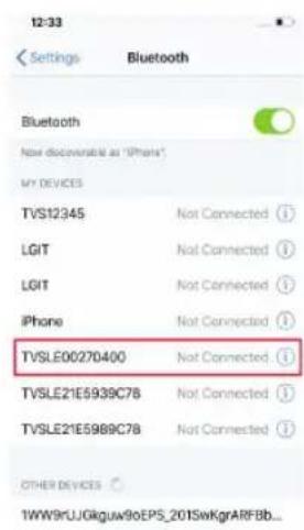 12:33 Settings Bluetooth Bluetooth Now discoverable as "iPhone1" MY DEVICES TVS12345 Not Connected ① LGIT Not Connected ① LGIT Not Connected ① iPhone Not Connected ① TVSLE00270400 Not Connected ① TVSLE21E5939C78 Not Connected ① TVSLE21E5989C78 Not Connected ① OTHER DEVICES 1WW9RJGkguw9oEPS_201SwKgrARFBb...