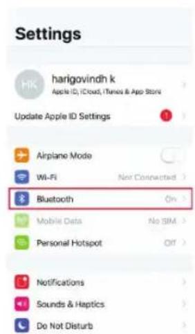 Settings harigovindh k Apple ID, iCloud, iTunes & App Store Update Apple ID Settings Airplane Mode Wi-Fi Not Connected > Bluetooth Mobile Data No SIM > Personal Hotspot Off > Notifications Sounds & Haptics Do Not Disturb