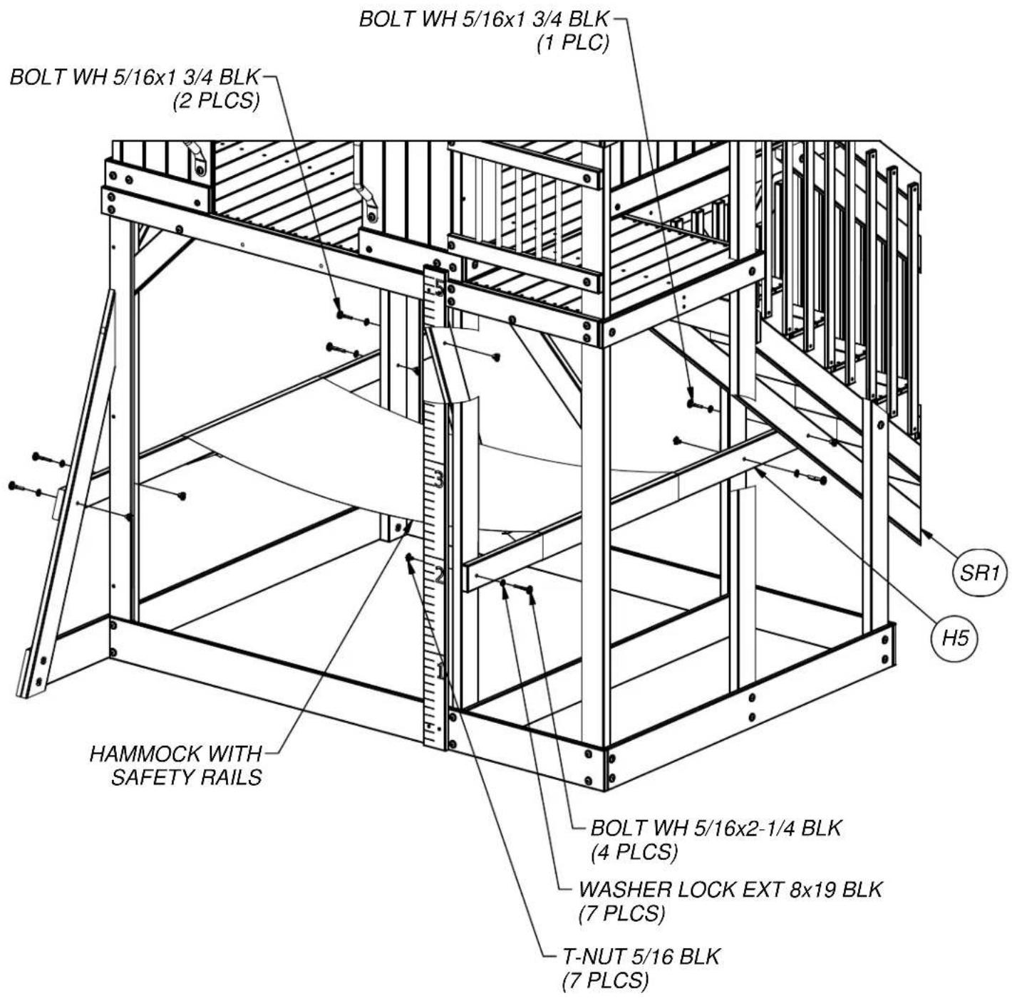 BOLT WH 5/16x1 3/4 BLK (1 PLC) BOLT WH 5/16x1 3/4 BLK (2 PLCS) SR1 H5 HAMMOCK WITH SAFETY RAILS BOLT WH 5/16x2-1/4 BLK (4 PLCS) WASHER LOCK EXT 8x19 BLK (7 PLCS) T-NUT 5/16 BLK (7 PLCS)
