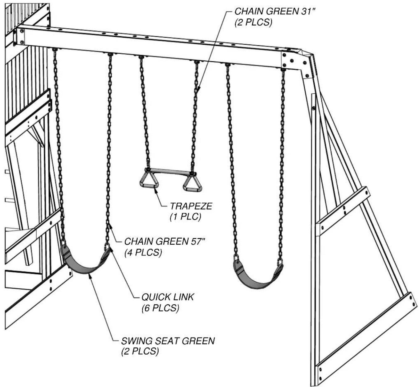 CHAIN GREEN 31" (2 PLCS) TRAPEZE (1 PLC) CHAIN GREEN 57" (4 PLCS) QUICK LINK (6 PLCS) SWING SEAT GREEN (2 PLCS)