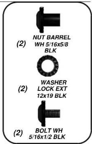 (2) NUT BARREL WH 5/16x5/8 BLK (2) WASHER LOCK EXT 12x19 BLK (2) BOLT WH 5/16x1/2 BLK
