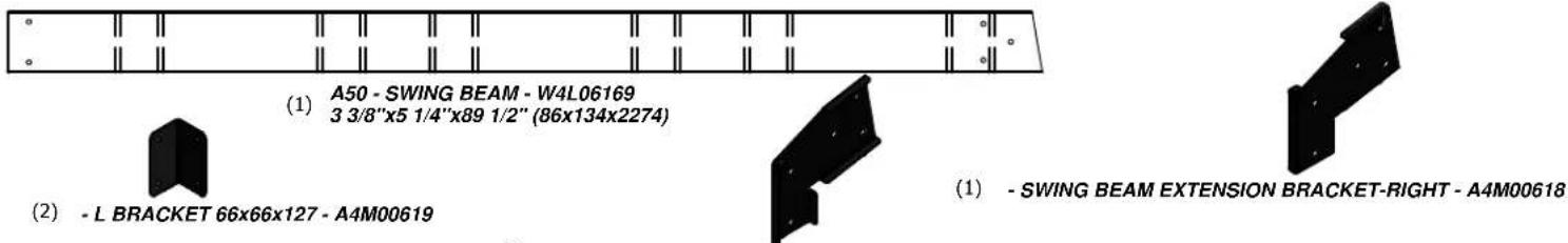 (1) A50 - SWING BEAM - W4L06169 3 3/8"x5 1/4"x89 1/2" (86x134x2274) (2) - L BRACKET 66x66x127 - A4M00619 (1) - SWING BEAM EXTENSION BRACKET-RIGHT - A4M00618