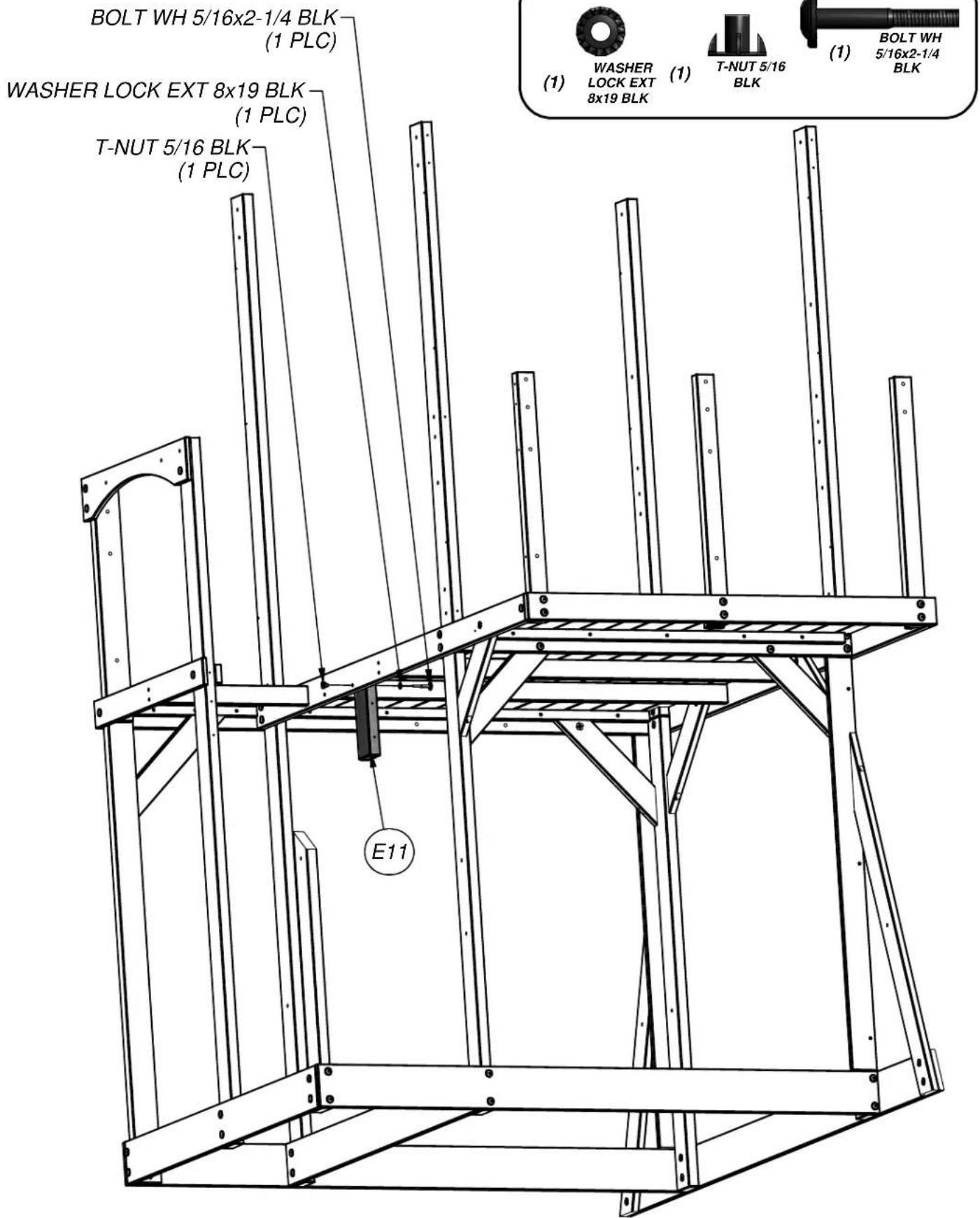 BOLT WH 5/16x2-1/4 BLK (1 PLC) WASHER LOCK EXT 8x19 BLK (1 PLC) T-NUT 5/16 BLK (1 PLC) E11 WASHER LOCK EXT 8x19 BLK (1) T-NUT 5/16 BLK (1) BOLT WH 5/16x2-1/4 BLK