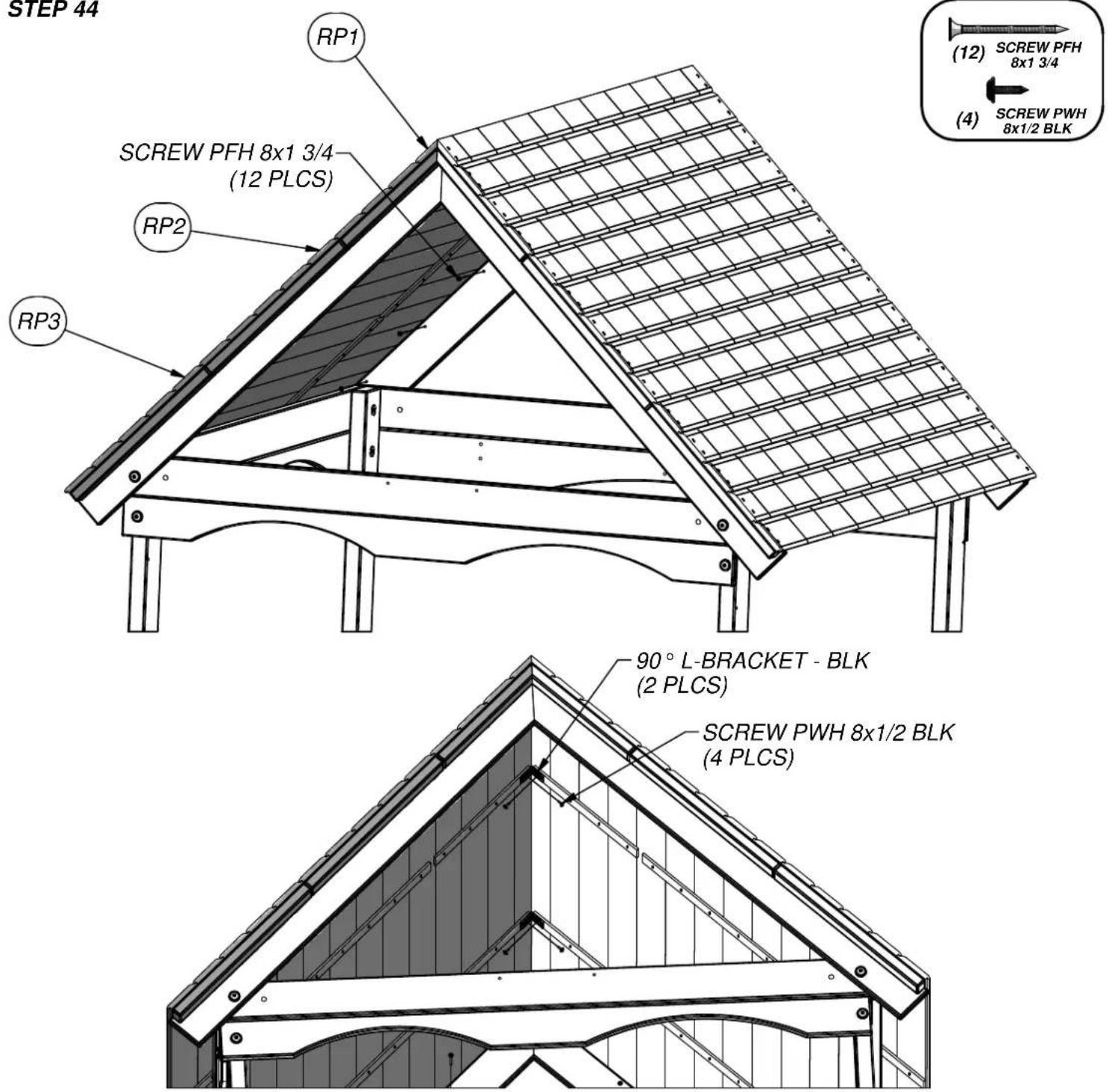 STEP 44 RP1 SCREW PFH 8x1 3/4 (12 PLCS) RP2 RP3 90° L-BRACKET - BLK (2 PLCS) SCREW PWH 8x1/2 BLK (4 PLCS) (SCREW PFH 8x1 3/4) (SCREW PWH 8x1/2 BLK)