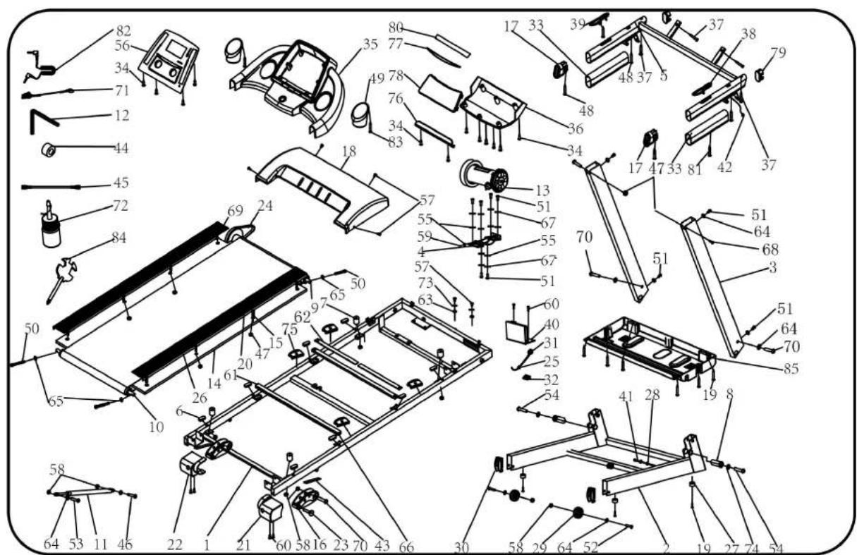 Exploded view diagram of a mechanical assembly with numbered components and labeled parts